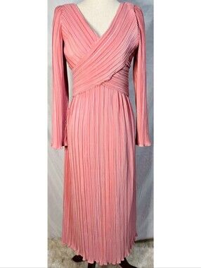 Richilene Vintage Midi Dress Fortuny Pleats Pink V Neck Satin Pleated 80s 90s
